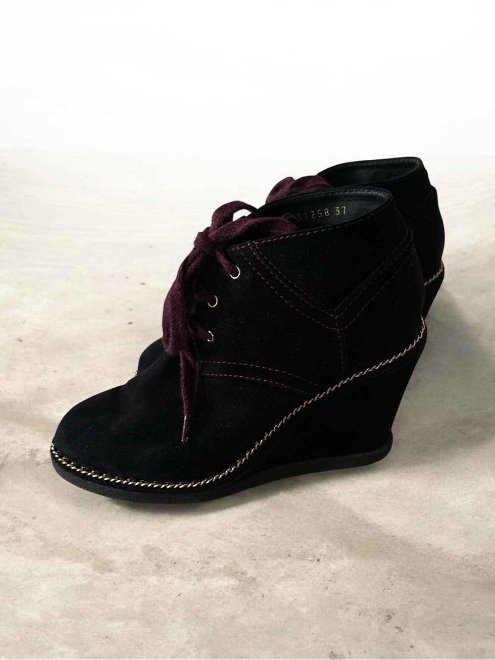 CHANEL Black Suede Wedge Ankle Boots